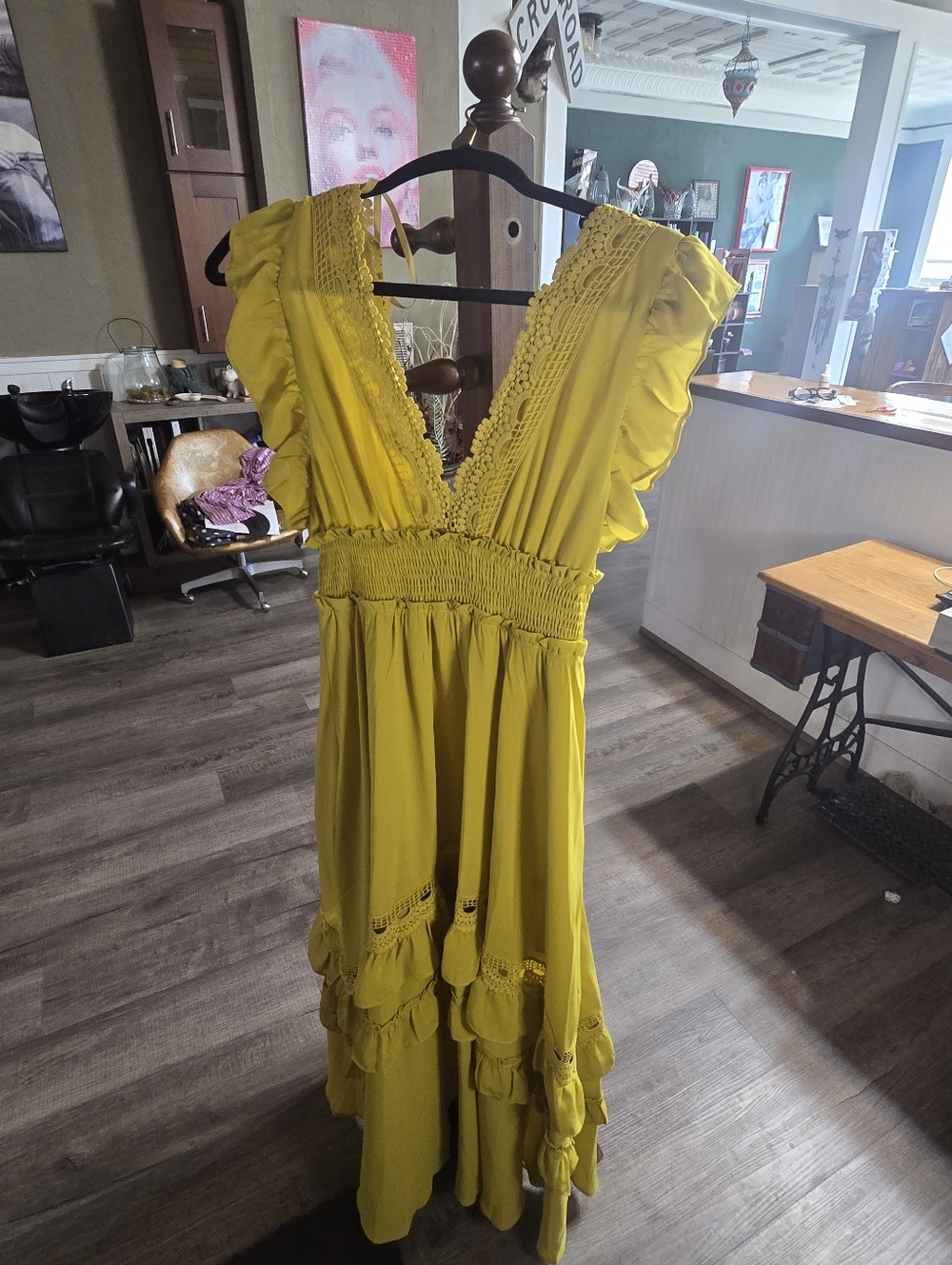 Yellow Ruffle V-Neck Smocked Waist Maxi Dress